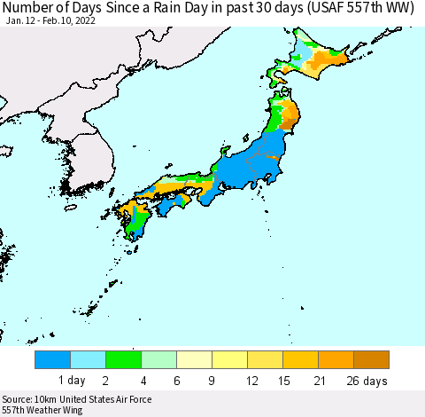 Japan Number of Days Since a Rain Day in past 30 days (USAF 557th WW) Thematic Map For 2/6/2022 - 2/10/2022