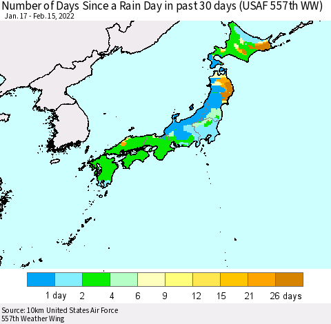 Japan Number of Days Since a Rain Day in past 30 days (USAF 557th WW) Thematic Map For 2/11/2022 - 2/15/2022