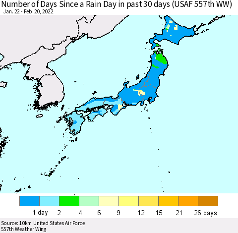 Japan Number of Days Since a Rain Day in past 30 days (USAF 557th WW) Thematic Map For 2/16/2022 - 2/20/2022