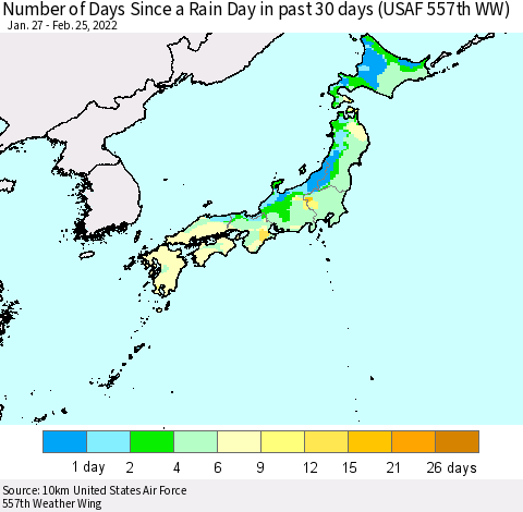 Japan Number of Days Since a Rain Day in past 30 days (USAF 557th WW) Thematic Map For 2/21/2022 - 2/25/2022