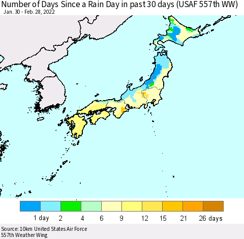 Japan Number of Days Since a Rain Day in past 30 days (USAF 557th WW) Thematic Map For 2/26/2022 - 2/28/2022