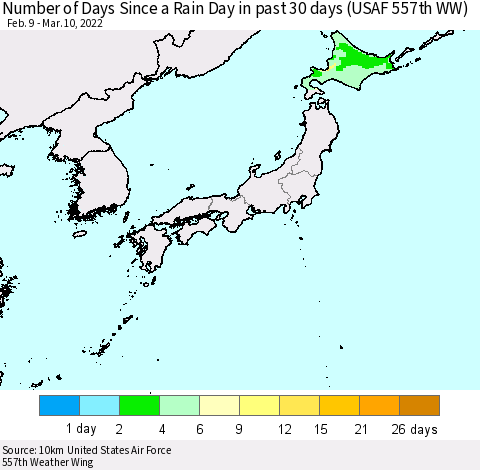 Japan Number of Days Since a Rain Day in past 30 days (USAF 557th WW) Thematic Map For 3/6/2022 - 3/10/2022