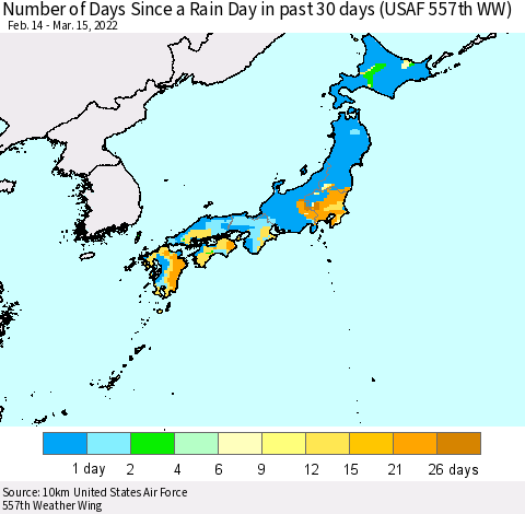 Japan Number of Days Since a Rain Day in past 30 days (USAF 557th WW) Thematic Map For 3/11/2022 - 3/15/2022
