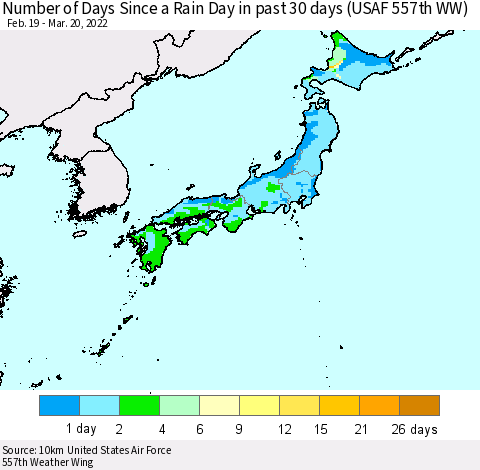 Japan Number of Days Since a Rain Day in past 30 days (USAF 557th WW) Thematic Map For 3/16/2022 - 3/20/2022