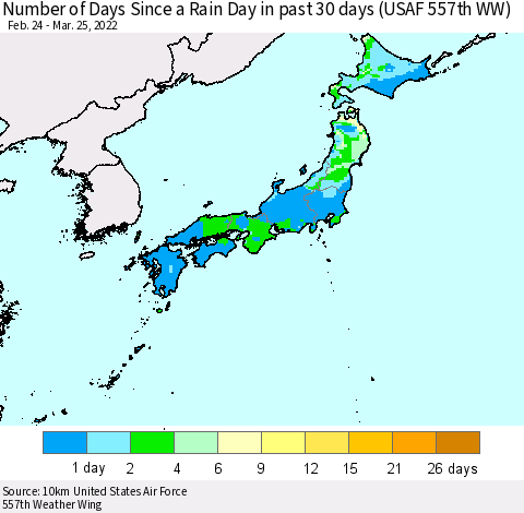 Japan Number of Days Since a Rain Day in past 30 days (USAF 557th WW) Thematic Map For 3/21/2022 - 3/25/2022