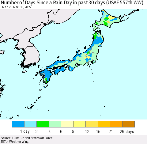 Japan Number of Days Since a Rain Day in past 30 days (USAF 557th WW) Thematic Map For 3/26/2022 - 3/31/2022
