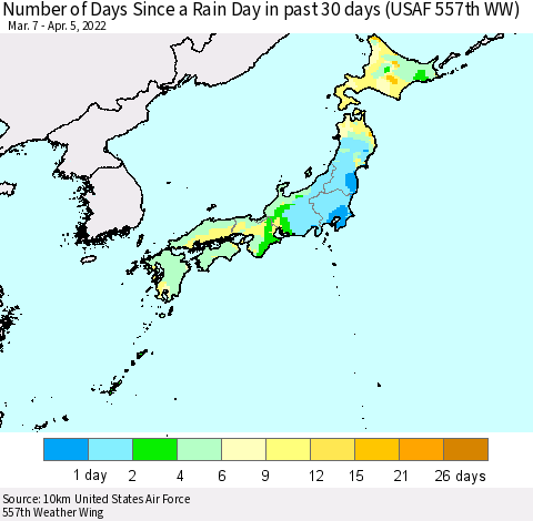 Japan Number of Days Since a Rain Day in past 30 days (USAF 557th WW) Thematic Map For 4/1/2022 - 4/5/2022