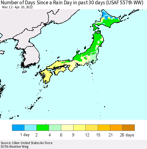 Japan Number of Days Since a Rain Day in past 30 days (USAF 557th WW) Thematic Map For 4/6/2022 - 4/10/2022