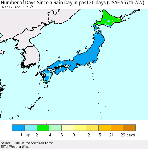 Japan Number of Days Since a Rain Day in past 30 days (USAF 557th WW) Thematic Map For 4/11/2022 - 4/15/2022