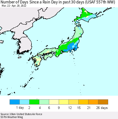 Japan Number of Days Since a Rain Day in past 30 days (USAF 557th WW) Thematic Map For 4/16/2022 - 4/20/2022