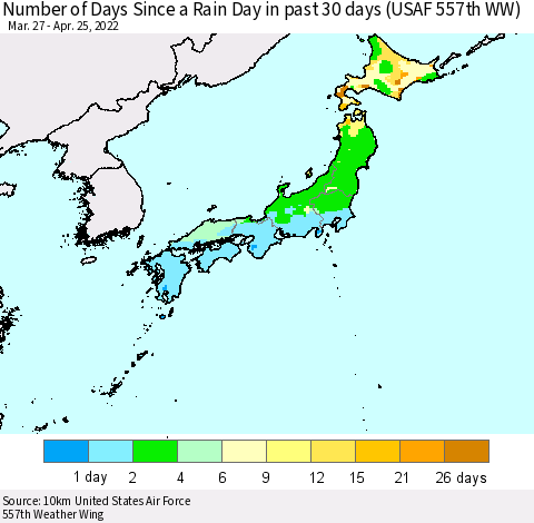 Japan Number of Days Since a Rain Day in past 30 days (USAF 557th WW) Thematic Map For 4/21/2022 - 4/25/2022