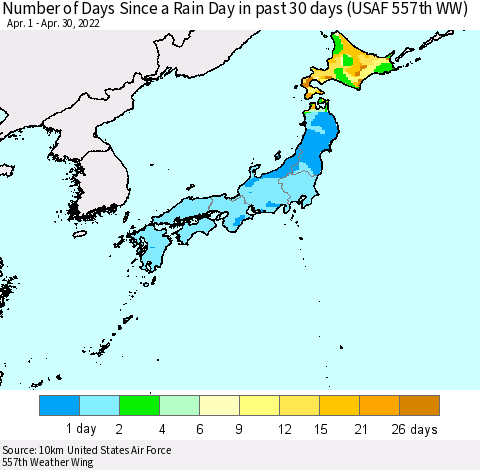 Japan Number of Days Since a Rain Day in past 30 days (USAF 557th WW) Thematic Map For 4/26/2022 - 4/30/2022