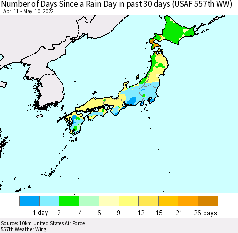 Japan Number of Days Since a Rain Day in past 30 days (USAF 557th WW) Thematic Map For 5/6/2022 - 5/10/2022