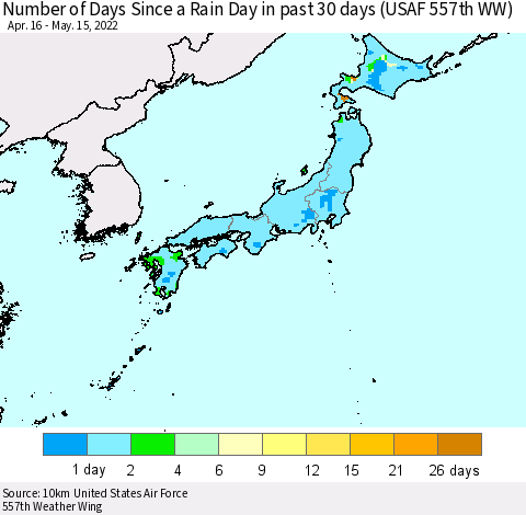 Japan Number of Days Since a Rain Day in past 30 days (USAF 557th WW) Thematic Map For 5/11/2022 - 5/15/2022