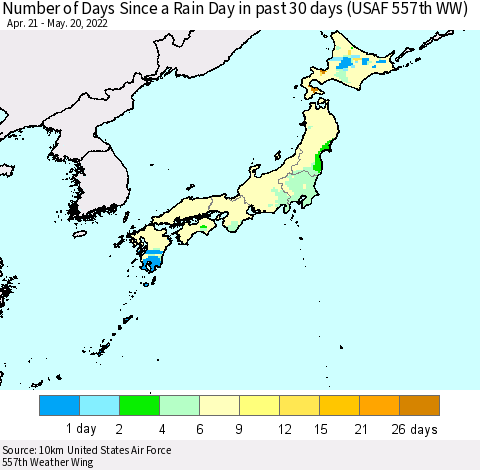 Japan Number of Days Since a Rain Day in past 30 days (USAF 557th WW) Thematic Map For 5/16/2022 - 5/20/2022