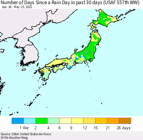 Japan Number of Days Since a Rain Day in past 30 days (USAF 557th WW) Thematic Map For 5/21/2022 - 5/25/2022
