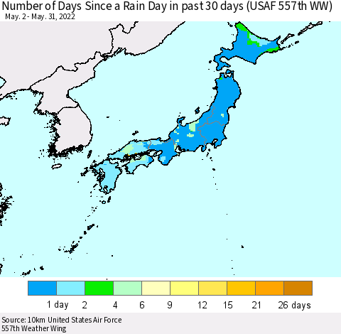 Japan Number of Days Since a Rain Day in past 30 days (USAF 557th WW) Thematic Map For 5/26/2022 - 5/31/2022