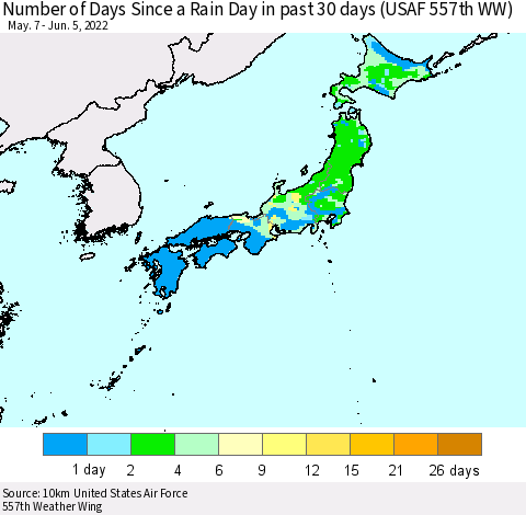 Japan Number of Days Since a Rain Day in past 30 days (USAF 557th WW) Thematic Map For 6/1/2022 - 6/5/2022