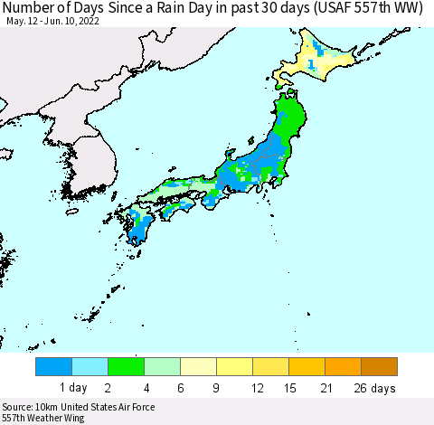 Japan Number of Days Since a Rain Day in past 30 days (USAF 557th WW) Thematic Map For 6/6/2022 - 6/10/2022
