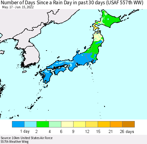 Japan Number of Days Since a Rain Day in past 30 days (USAF 557th WW) Thematic Map For 6/11/2022 - 6/15/2022