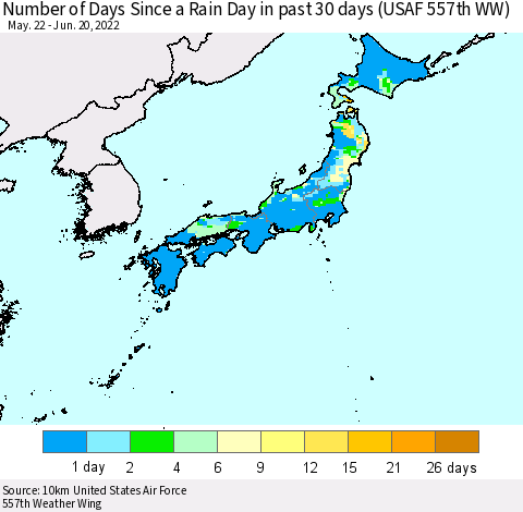 Japan Number of Days Since a Rain Day in past 30 days (USAF 557th WW) Thematic Map For 6/16/2022 - 6/20/2022