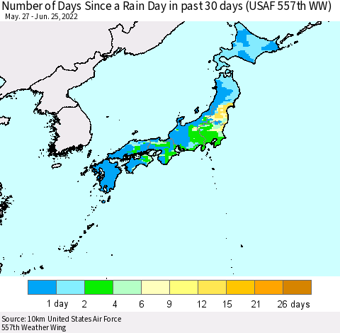 Japan Number of Days Since a Rain Day in past 30 days (USAF 557th WW) Thematic Map For 6/21/2022 - 6/25/2022