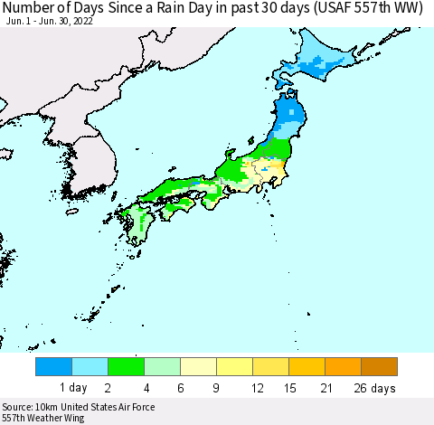 Japan Number of Days Since a Rain Day in past 30 days (USAF 557th WW) Thematic Map For 6/26/2022 - 6/30/2022