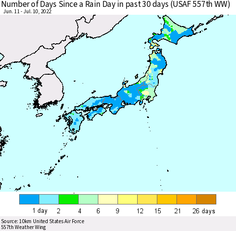 Japan Number of Days Since a Rain Day in past 30 days (USAF 557th WW) Thematic Map For 7/6/2022 - 7/10/2022