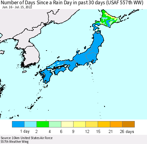 Japan Number of Days Since a Rain Day in past 30 days (USAF 557th WW) Thematic Map For 7/11/2022 - 7/15/2022