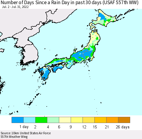 Japan Number of Days Since a Rain Day in past 30 days (USAF 557th WW) Thematic Map For 7/26/2022 - 7/31/2022