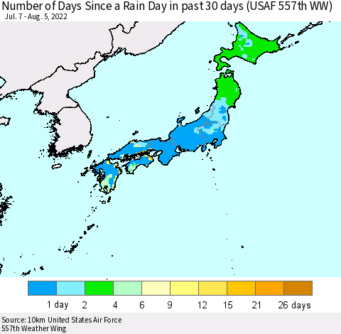 Japan Number of Days Since a Rain Day in past 30 days (USAF 557th WW) Thematic Map For 8/1/2022 - 8/5/2022