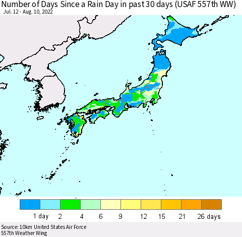 Japan Number of Days Since a Rain Day in past 30 days (USAF 557th WW) Thematic Map For 8/6/2022 - 8/10/2022