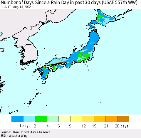 Japan Number of Days Since a Rain Day in past 30 days (USAF 557th WW) Thematic Map For 8/11/2022 - 8/15/2022