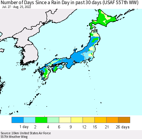Japan Number of Days Since a Rain Day in past 30 days (USAF 557th WW) Thematic Map For 8/21/2022 - 8/25/2022