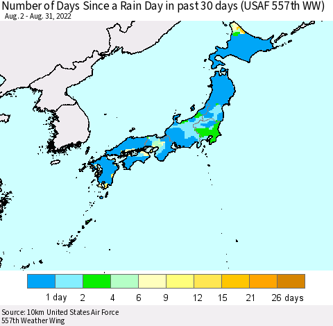 Japan Number of Days Since a Rain Day in past 30 days (USAF 557th WW) Thematic Map For 8/26/2022 - 8/31/2022