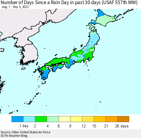 Japan Number of Days Since a Rain Day in past 30 days (USAF 557th WW) Thematic Map For 9/1/2022 - 9/5/2022
