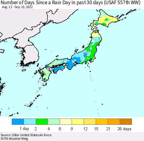 Japan Number of Days Since a Rain Day in past 30 days (USAF 557th WW) Thematic Map For 9/6/2022 - 9/10/2022