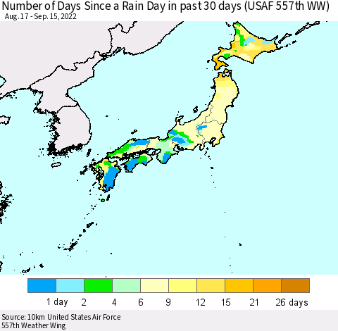 Japan Number of Days Since a Rain Day in past 30 days (USAF 557th WW) Thematic Map For 9/11/2022 - 9/15/2022