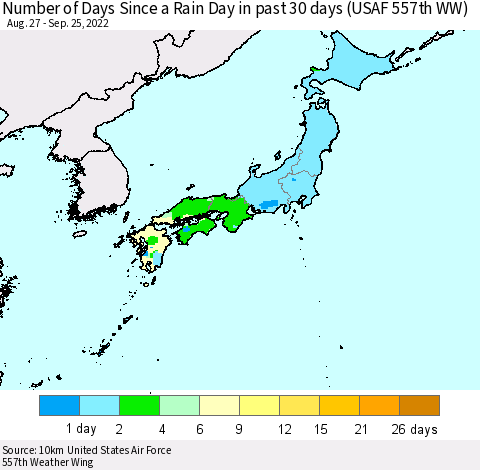 Japan Number of Days Since a Rain Day in past 30 days (USAF 557th WW) Thematic Map For 9/21/2022 - 9/25/2022