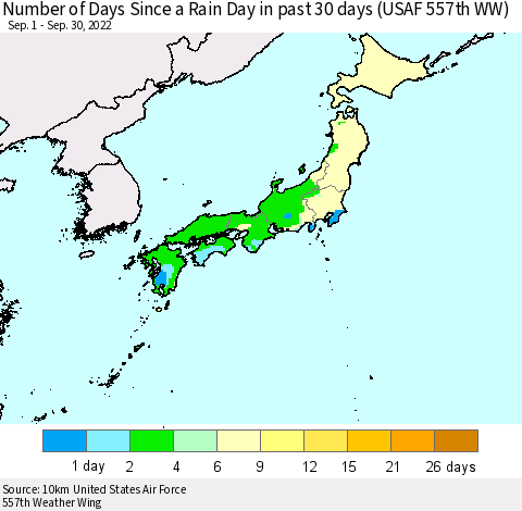 Japan Number of Days Since a Rain Day in past 30 days (USAF 557th WW) Thematic Map For 9/26/2022 - 9/30/2022