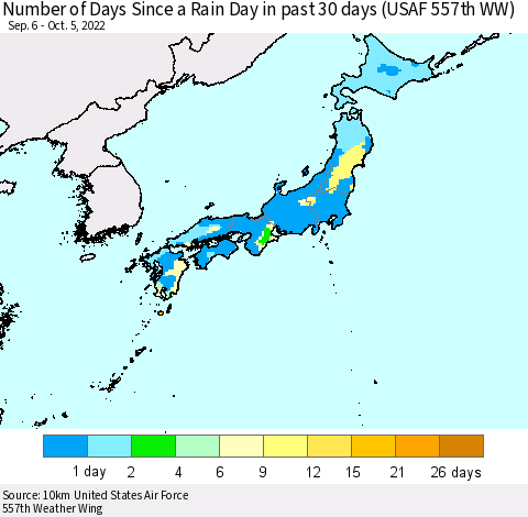 Japan Number of Days Since a Rain Day in past 30 days (USAF 557th WW) Thematic Map For 10/1/2022 - 10/5/2022