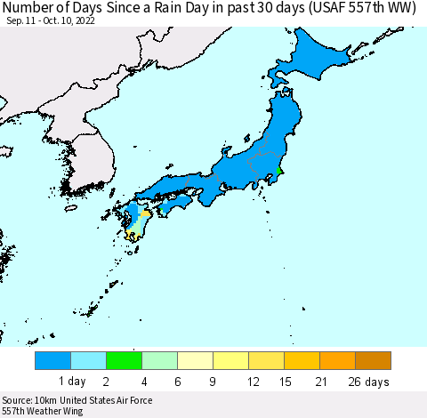 Japan Number of Days Since a Rain Day in past 30 days (USAF 557th WW) Thematic Map For 10/6/2022 - 10/10/2022