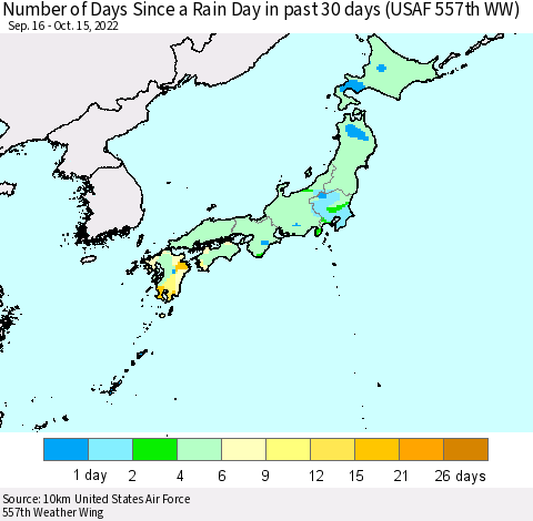Japan Number of Days Since a Rain Day in past 30 days (USAF 557th WW) Thematic Map For 10/11/2022 - 10/15/2022