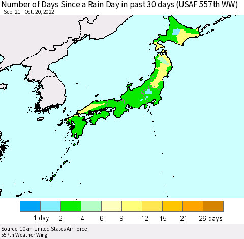 Japan Number of Days Since a Rain Day in past 30 days (USAF 557th WW) Thematic Map For 10/16/2022 - 10/20/2022