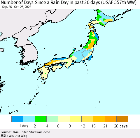 Japan Number of Days Since a Rain Day in past 30 days (USAF 557th WW) Thematic Map For 10/21/2022 - 10/25/2022