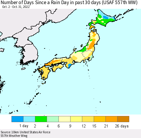Japan Number of Days Since a Rain Day in past 30 days (USAF 557th WW) Thematic Map For 10/26/2022 - 10/31/2022