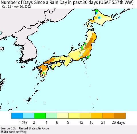 Japan Number of Days Since a Rain Day in past 30 days (USAF 557th WW) Thematic Map For 11/6/2022 - 11/10/2022