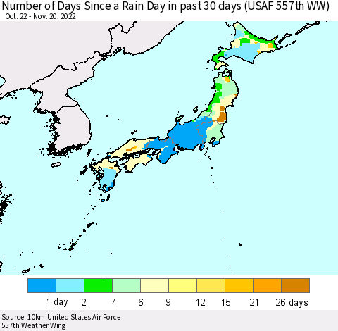 Japan Number of Days Since a Rain Day in past 30 days (USAF 557th WW) Thematic Map For 11/16/2022 - 11/20/2022