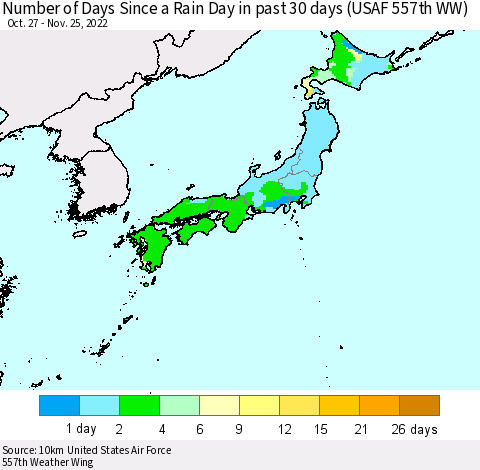 Japan Number of Days Since a Rain Day in past 30 days (USAF 557th WW) Thematic Map For 11/21/2022 - 11/25/2022