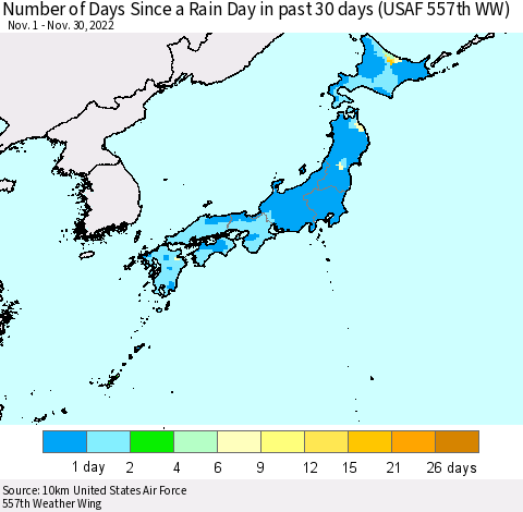 Japan Number of Days Since a Rain Day in past 30 days (USAF 557th WW) Thematic Map For 11/26/2022 - 11/30/2022